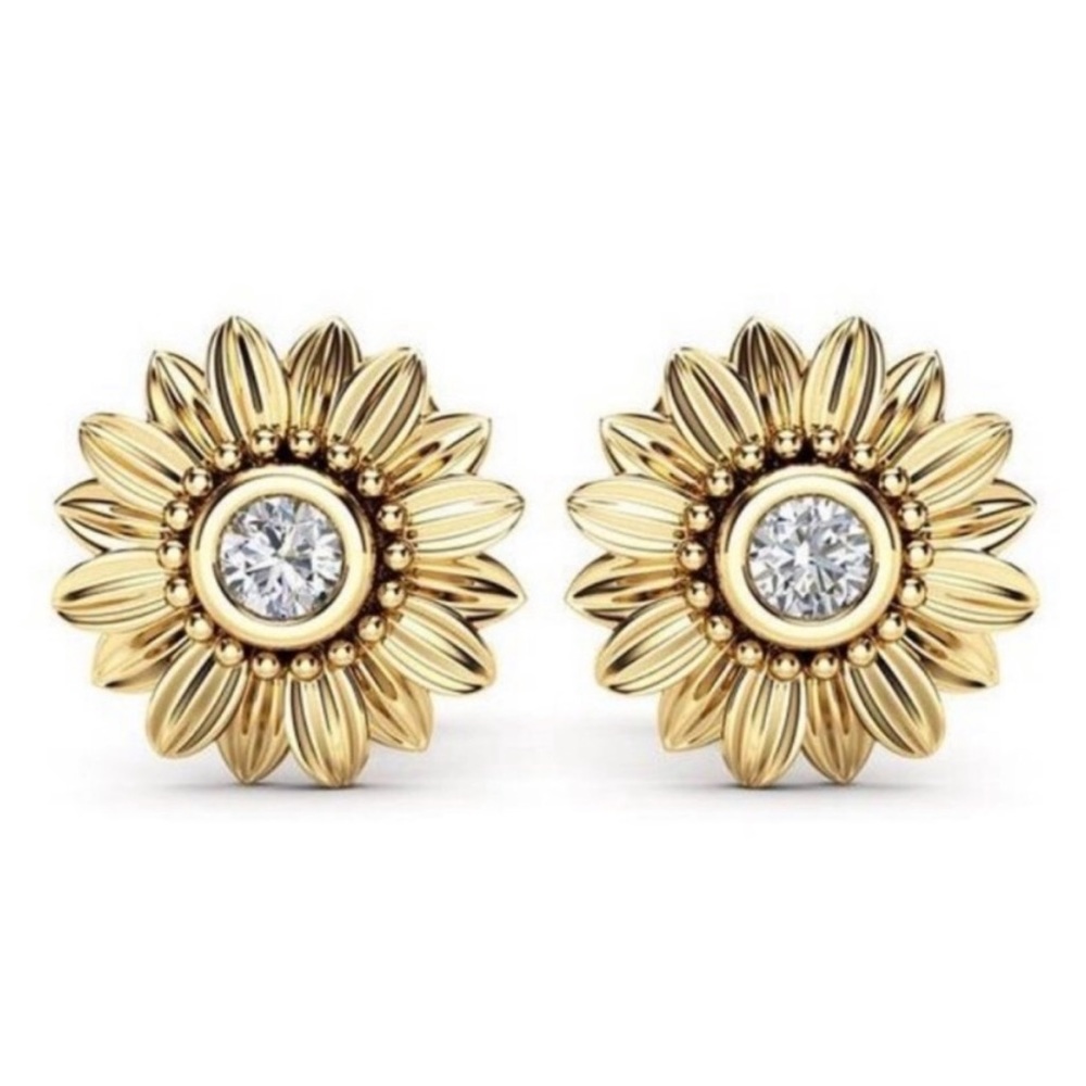 18K YELLOW GOLD DIAMOND SUNFLOWER STUD EARRINGS - Picture 1 of 3